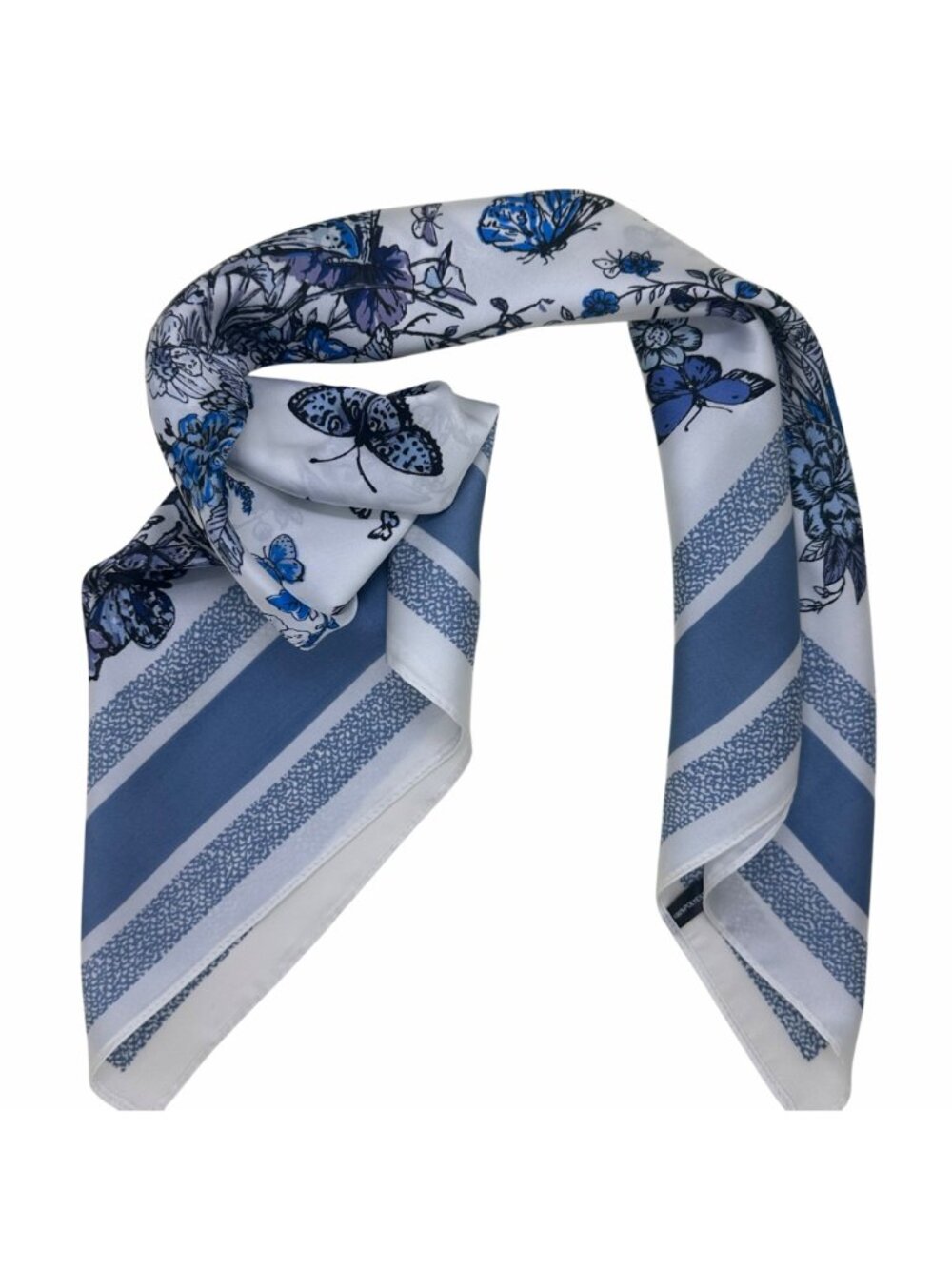 ✨Women's White & Blue Floral Silky Satin Square Scarf Butterfly Print Foulard - Picture 4 of 7